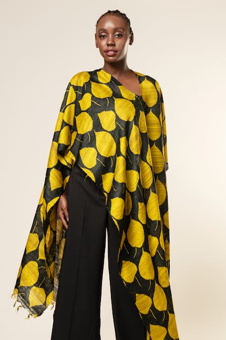 Aeshaane Yellow Tussar, Silk Collared Leaf Pattern Asymmetric Sleeve Kaftan Online at Aza Fashions Aeshaane_Yellow Tussar, Silk Collared Leaf Pattern Asymmetric Sleeve Kaftan _Online_at_Aza_Fashions