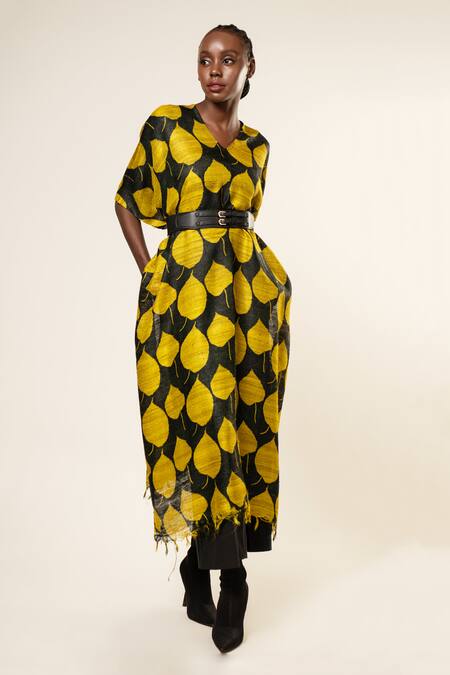 Shop Aeshaane Yellow Tussar, Silk Collared Leaf Pattern Asymmetric Sleeve Kaftan Online at Aza Fashions Shop_Aeshaane_Yellow Tussar, Silk Collared Leaf Pattern Asymmetric Sleeve Kaftan _Online_at_Aza_Fashions
