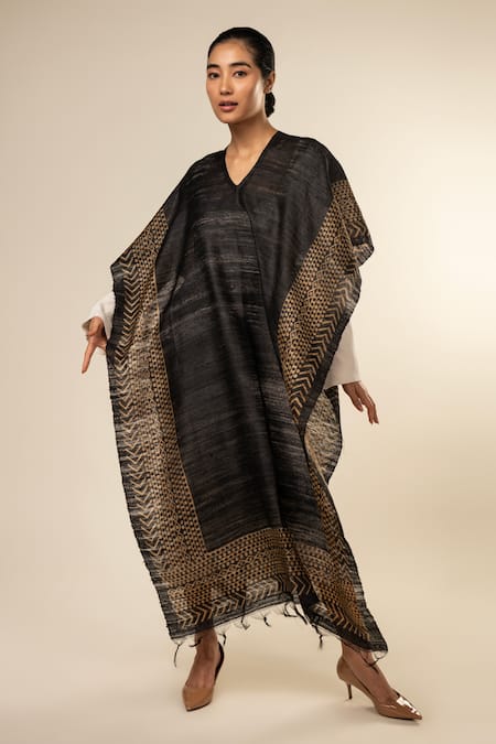 Aeshaane Black Tussar Embroidery Boat Neck Geometric Pattern Hem Kaftan