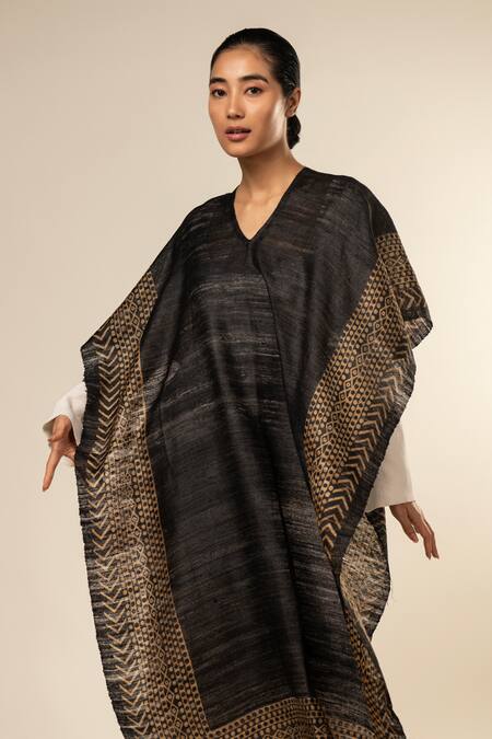 Aeshaane_Black Tussar Embroidery Boat Neck Geometric Pattern Hem Kaftan _Online_at_Aza_Fashions