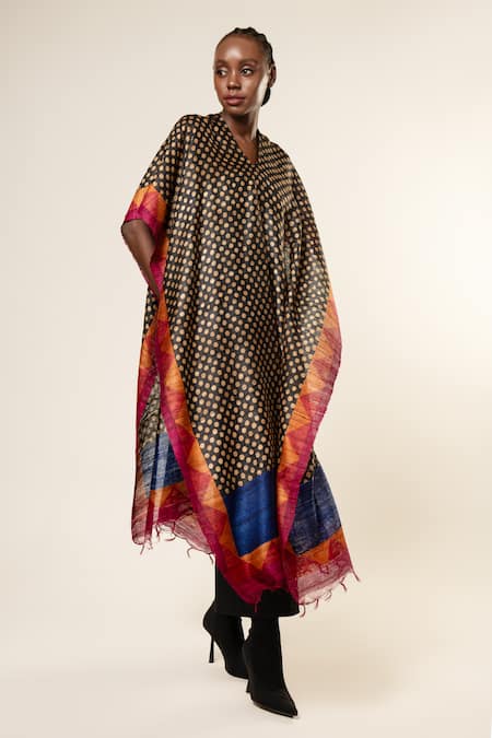 Aeshaane Multi Color Tussar Round Neck Geometric Contrast Hem Pattern Kaftan