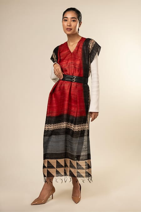 Aeshaane Red Tussar, Silk Embroidery V-neck Geometric Pattern Border Kaftan