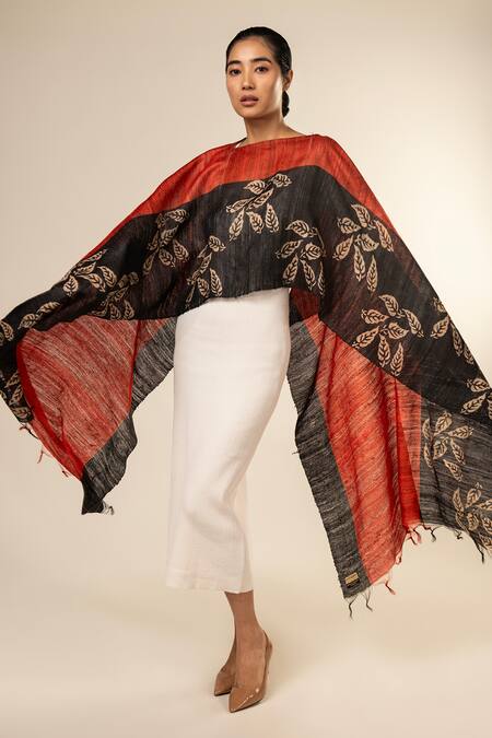 Aeshaane Multi Color Tussar Embroidery Boat Neck Leaf Pattern Border Kaftan Online at Aza Fashions Aeshaane_Multi Color Tussar Embroidery Boat Neck Leaf Pattern Border Kaftan _Online_at_Aza_Fashions