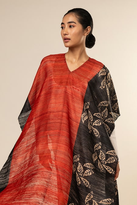 Buy Aeshaane Multi Color Tussar Embroidery Boat Neck Leaf Pattern Border Kaftan Online at Aza Fashions Buy_Aeshaane_Multi Color Tussar Embroidery Boat Neck Leaf Pattern Border Kaftan _Online_at_Aza_Fashions