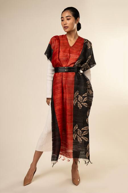 Shop Aeshaane Multi Color Tussar Embroidery Boat Neck Leaf Pattern Border Kaftan Online at Aza Fashions Shop_Aeshaane_Multi Color Tussar Embroidery Boat Neck Leaf Pattern Border Kaftan _Online_at_Aza_Fashions