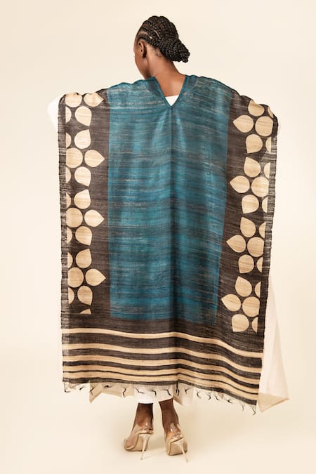 Shop Aeshaane Blue Tussar Boat Neck Geometric Flower Pattern Hem Kaftan at Aza Fashions Shop_Aeshaane_Blue Tussar Boat Neck Geometric Flower Pattern Hem Kaftan _at_Aza_Fashions