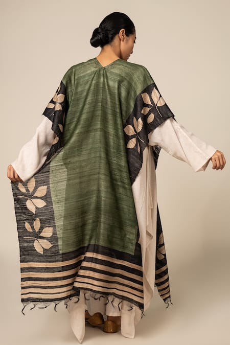 Shop_Aeshaane_Green Tussar Round Neck Leaf Pattern Border Kaftan _at_Aza_Fashions