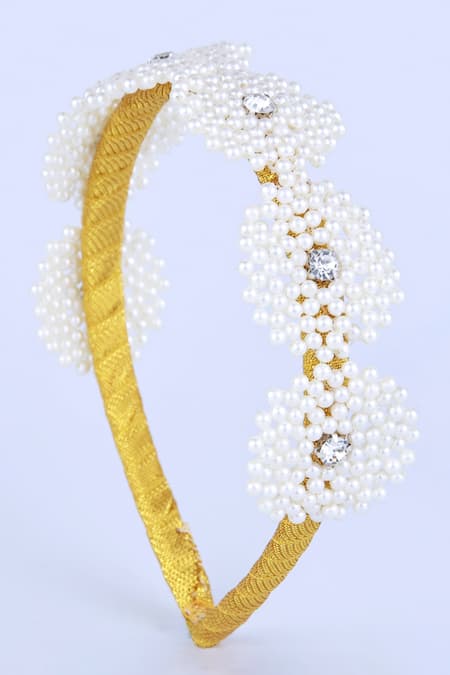 Choko Off White Pearl Bead And Floral Hairband