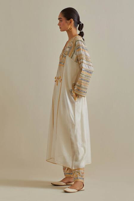 Kora Yellow , Satin Mirrors, Patchwork Embroidered Kaftan And Pant Set at Aza Fashions Kora_Yellow , Satin Mirrors, Patchwork Embroidered Kaftan And Pant Set _at_Aza_Fashions