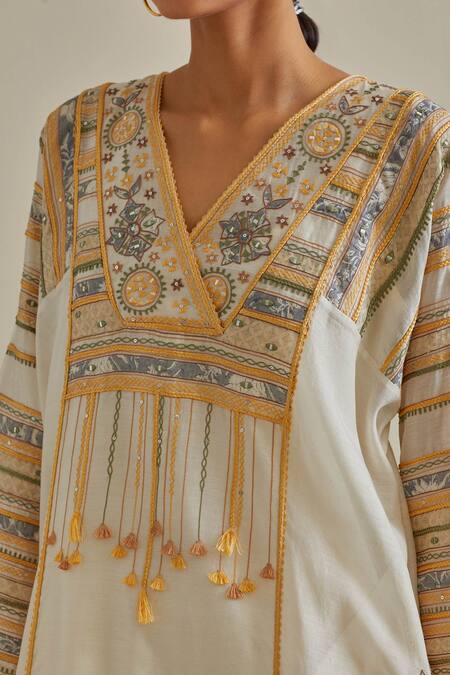 Buy Kora Yellow , Satin Mirrors, Patchwork Embroidered Kaftan And Pant Set Buy_Kora_Yellow , Satin Mirrors, Patchwork Embroidered Kaftan And Pant Set