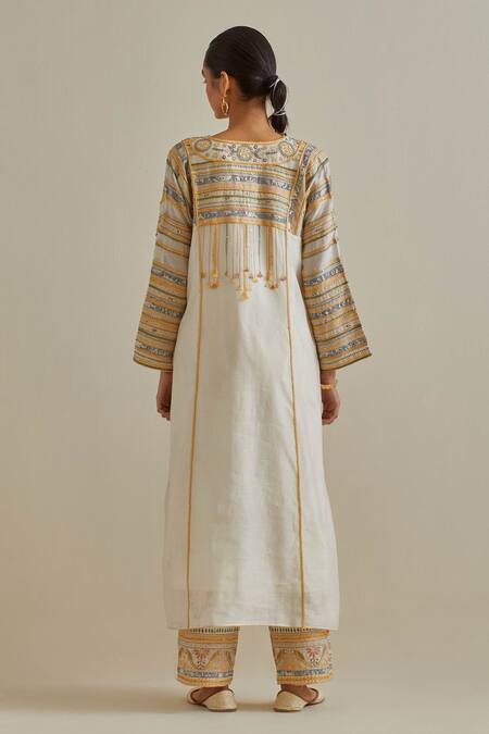 Shop Kora Yellow , Satin Mirrors, Patchwork Embroidered Kaftan And Pant Set at Aza Fashions Shop_Kora_Yellow , Satin Mirrors, Patchwork Embroidered Kaftan And Pant Set _at_Aza_Fashions
