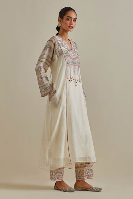 Shop_Kora_Pink Chanderi, Cotton Mirrors, Sequins, Embroidery Patchwork Kaftan And Pant Set _Online_at_Aza_Fashions