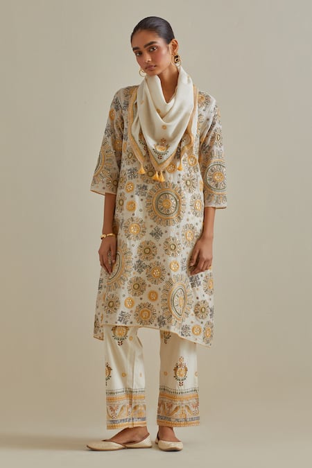 KORA Yellow Cotton Embroidered Silk Thread Patchwork A-line Pant Set 