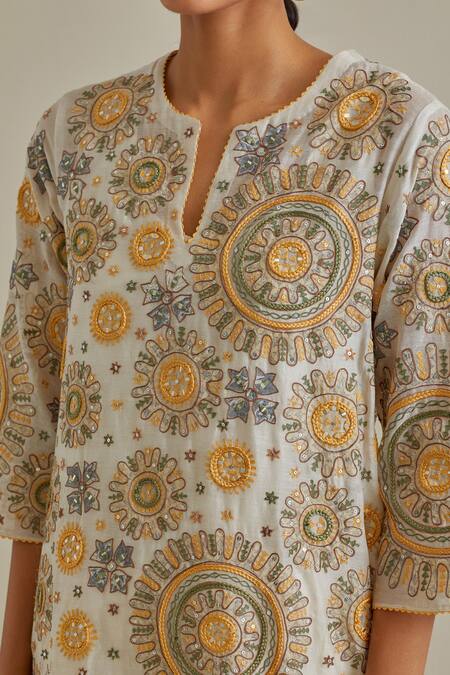 Kora Yellow Cotton Tassels, Bows Split Patchwork Embroidered A-line Kurta Pant Set at Aza Fashions Kora_Yellow Cotton Tassels, Bows Split Patchwork Embroidered A-line Kurta Pant Set _at_Aza_Fashions