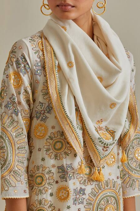 Buy Kora Yellow Cotton Tassels, Bows Split Patchwork Embroidered A-line Kurta Pant Set Buy_Kora_Yellow Cotton Tassels, Bows Split Patchwork Embroidered A-line Kurta Pant Set