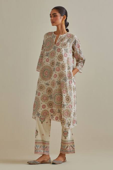 Buy Kora Pink Cotton Sequins, Tassels, Embroidery Split Patchwork A-line Kurta Pant Set Online at Aza Fashions Buy_Kora_Pink Cotton Sequins, Tassels, Embroidery Split Patchwork A-line Kurta Pant Set _Online_at_Aza_Fashions