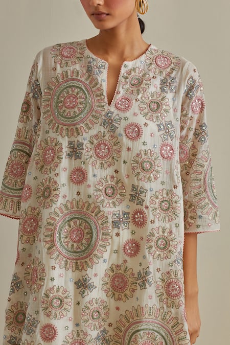 Shop Kora Pink Cotton Sequins, Tassels, Embroidery Split Patchwork A-line Kurta Pant Set Online at Aza Fashions Shop_Kora_Pink Cotton Sequins, Tassels, Embroidery Split Patchwork A-line Kurta Pant Set _Online_at_Aza_Fashions