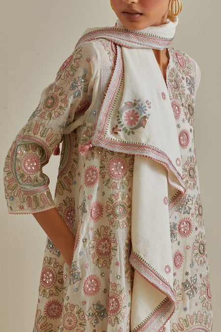 Buy Kora Pink Cotton Sequins, Tassels, Embroidery Split Patchwork A-line Kurta Pant Set Buy_Kora_Pink Cotton Sequins, Tassels, Embroidery Split Patchwork A-line Kurta Pant Set