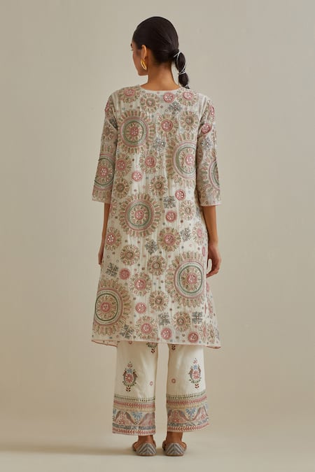 Shop Kora Pink Cotton Sequins, Tassels, Embroidery Split Patchwork A-line Kurta Pant Set at Aza Fashions Shop_Kora_Pink Cotton Sequins, Tassels, Embroidery Split Patchwork A-line Kurta Pant Set _at_Aza_Fashions