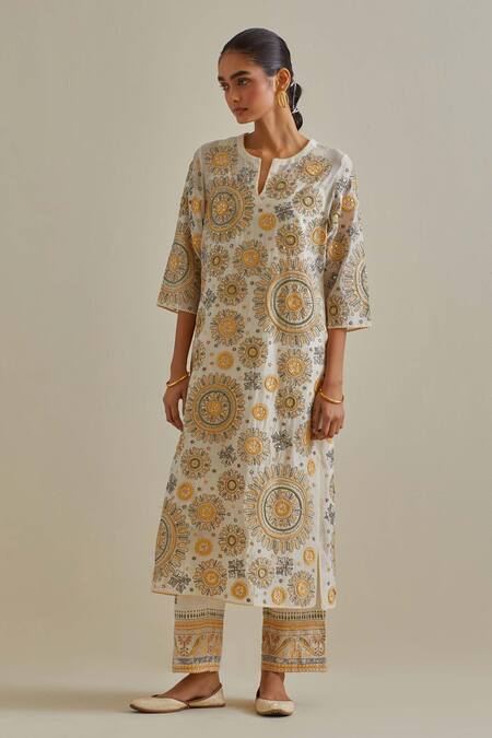 Buy Kora Yellow Cotton, Chanderi Sequins, Tassels, Patchwork Straight Kurta Pant Set Online at Aza Fashions Buy_Kora_Yellow Cotton, Chanderi Sequins, Tassels, Patchwork Straight Kurta Pant Set _Online_at_Aza_Fashions