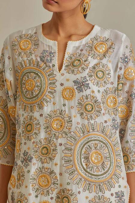 Shop Kora Yellow Cotton, Chanderi Sequins, Tassels, Patchwork Straight Kurta Pant Set Online at Aza Fashions Shop_Kora_Yellow Cotton, Chanderi Sequins, Tassels, Patchwork Straight Kurta Pant Set _Online_at_Aza_Fashions