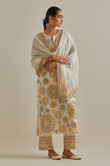 Kora Yellow Cotton, Chanderi Sequins, Tassels, Patchwork Straight Kurta Pant Set at Aza Fashions Kora_Yellow Cotton, Chanderi Sequins, Tassels, Patchwork Straight Kurta Pant Set _at_Aza_Fashions