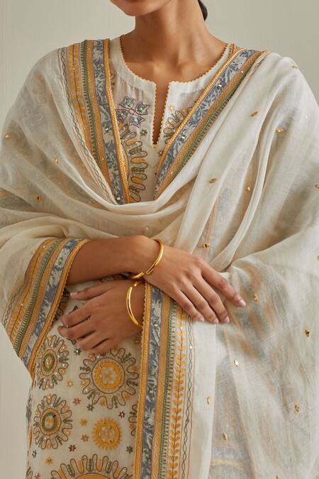 Buy Kora Yellow Cotton, Chanderi Sequins, Tassels, Patchwork Straight Kurta Pant Set Buy_Kora_Yellow Cotton, Chanderi Sequins, Tassels, Patchwork Straight Kurta Pant Set