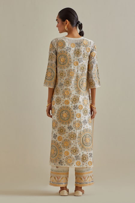 Shop Kora Yellow Cotton, Chanderi Sequins, Tassels, Patchwork Straight Kurta Pant Set at Aza Fashions Shop_Kora_Yellow Cotton, Chanderi Sequins, Tassels, Patchwork Straight Kurta Pant Set _at_Aza_Fashions