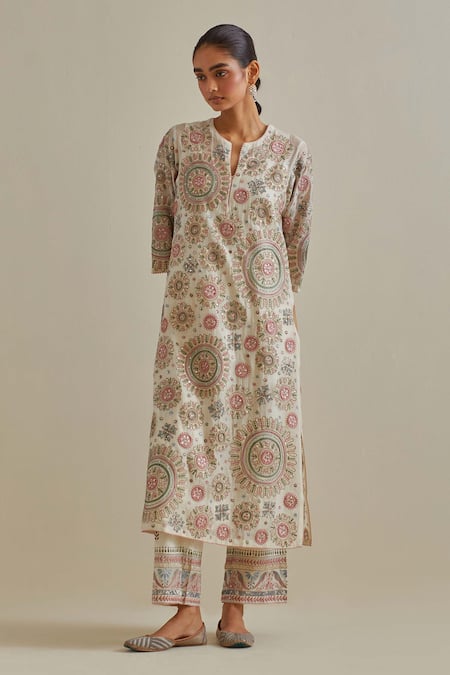 Kora_Pink Cotton, Chanderi Sequins, Tassels, Patchwork Straight Kurta Pant Set _Online_at_Aza_Fashions