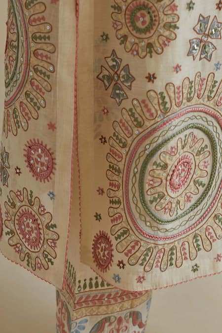 Shop_Kora_Pink Cotton, Chanderi Sequins, Tassels, Patchwork Straight Kurta Pant Set _Online_at_Aza_Fashions