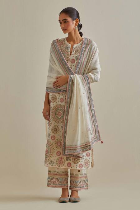 Kora_Pink Cotton, Chanderi Sequins, Tassels, Patchwork Straight Kurta Pant Set _at_Aza_Fashions