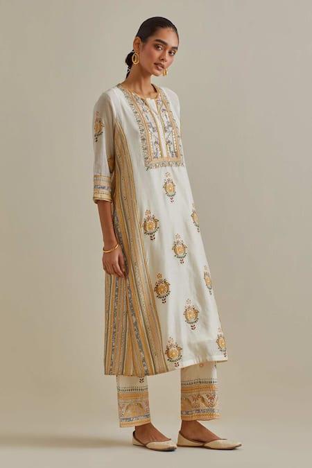 Shop Kora Yellow Cotton, Chanderi Embroidery, Sequins, Patchwork Straight Kurta Set Online at Aza Fashions Shop_Kora_Yellow Cotton, Chanderi Embroidery, Sequins, Patchwork Straight Kurta Set _Online_at_Aza_Fashions