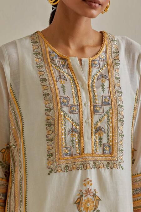Kora Yellow Cotton, Chanderi Embroidery, Sequins, Patchwork Straight Kurta Set at Aza Fashions Kora_Yellow Cotton, Chanderi Embroidery, Sequins, Patchwork Straight Kurta Set _at_Aza_Fashions