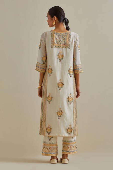 Shop Kora Yellow Cotton, Chanderi Embroidery, Sequins, Patchwork Straight Kurta Set at Aza Fashions Shop_Kora_Yellow Cotton, Chanderi Embroidery, Sequins, Patchwork Straight Kurta Set _at_Aza_Fashions
