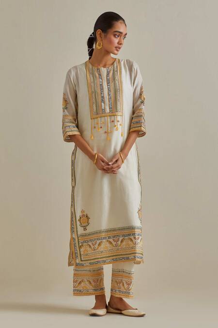 Shop Kora Yellow Cotton, Chanderi Tassels, Sequins, Mirror Patchwork Straight Kurta Set Online at Aza Fashions Shop_Kora_Yellow Cotton, Chanderi Tassels, Sequins, Mirror Patchwork Straight Kurta Set _Online_at_Aza_Fashions