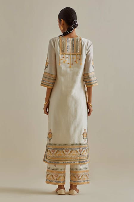 Shop Kora Yellow Cotton, Chanderi Tassels, Sequins, Mirror Patchwork Straight Kurta Set at Aza Fashions Shop_Kora_Yellow Cotton, Chanderi Tassels, Sequins, Mirror Patchwork Straight Kurta Set _at_Aza_Fashions