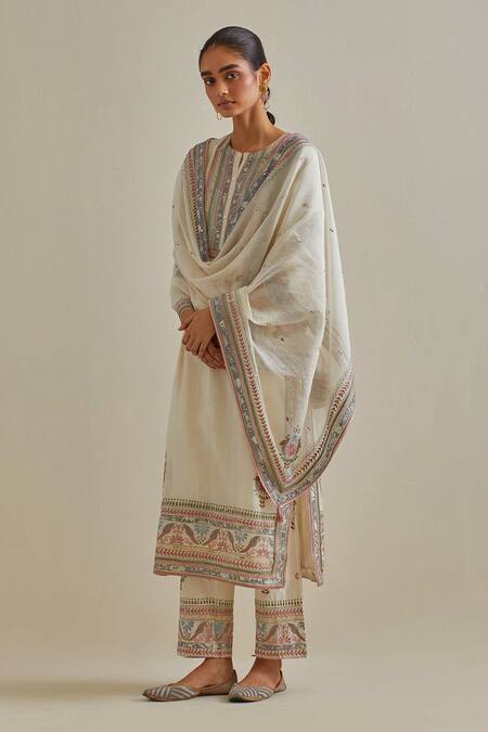 Kora_Off White Cotton, Chanderi Tassels, Sequins, Embroidery, Mirrors Split Kurta Set _at_Aza_Fashions