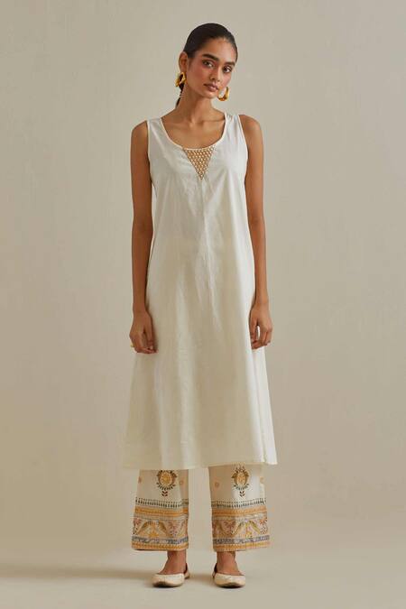 Kora_Yellow Cotton, Chanderi Mirrors, Sequins, Patchwork Embroidered Kurta Set _Online_at_Aza_Fashions