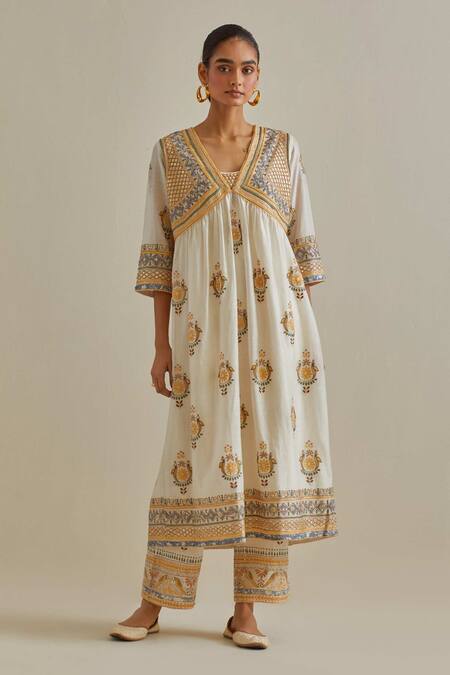 Shop_Kora_Yellow Cotton, Chanderi Mirrors, Sequins, Patchwork Embroidered Kurta Set _Online_at_Aza_Fashions