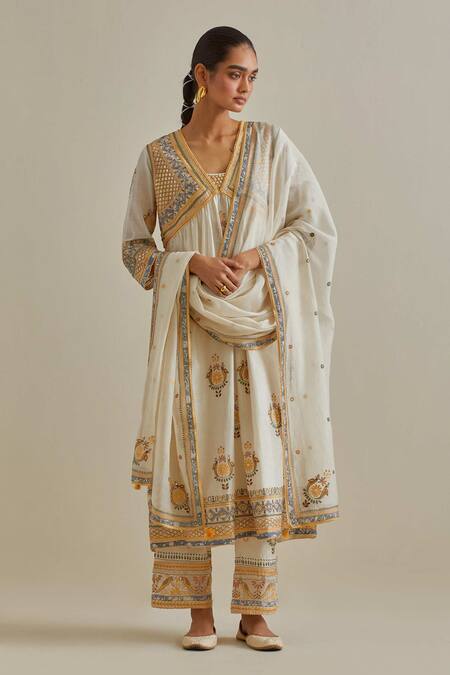 Kora_Yellow Cotton, Chanderi Mirrors, Sequins, Patchwork Embroidered Kurta Set _at_Aza_Fashions