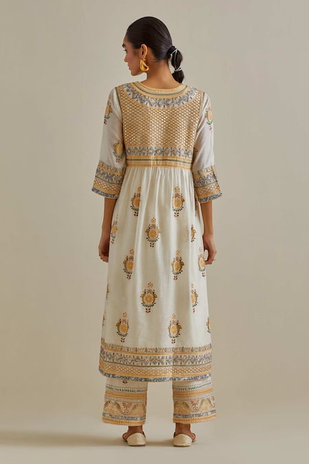 Shop_Kora_Yellow Cotton, Chanderi Mirrors, Sequins, Patchwork Embroidered Kurta Set _at_Aza_Fashions