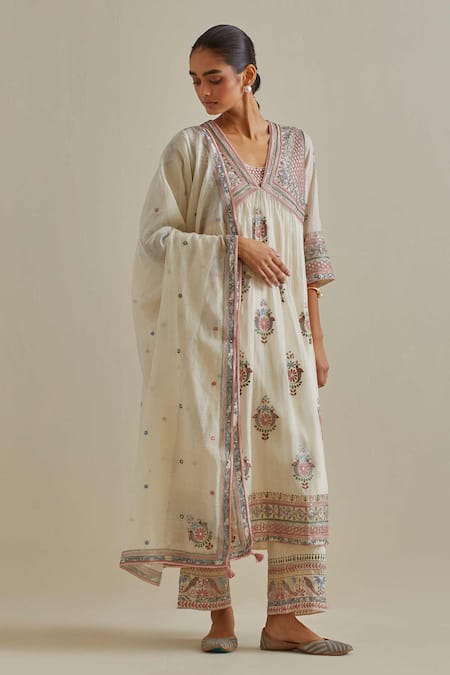 KORA Pink Kurta And Dupatta Cotton Chanderi Embroidered Silk Patchwork Set 