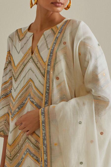 Kora Yellow Cotton, Chanderi Mirrors, Patchwork Embroidered Straight Kurta Set at Aza Fashions Kora_Yellow Cotton, Chanderi Mirrors, Patchwork Embroidered Straight Kurta Set _at_Aza_Fashions