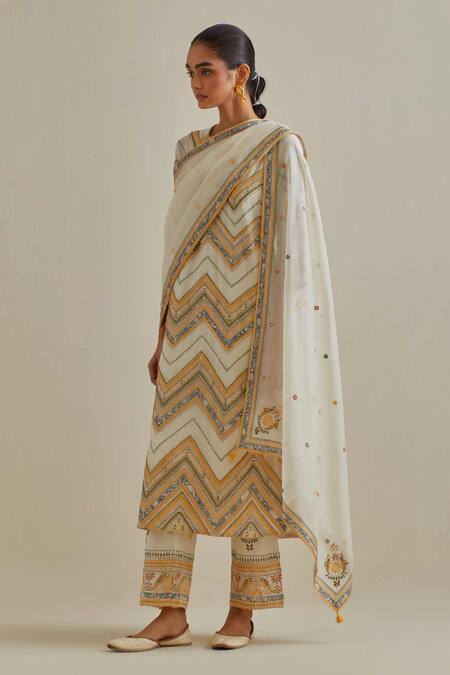 Buy Kora Yellow Cotton, Chanderi Mirrors, Patchwork Embroidered Straight Kurta Set Buy_Kora_Yellow Cotton, Chanderi Mirrors, Patchwork Embroidered Straight Kurta Set