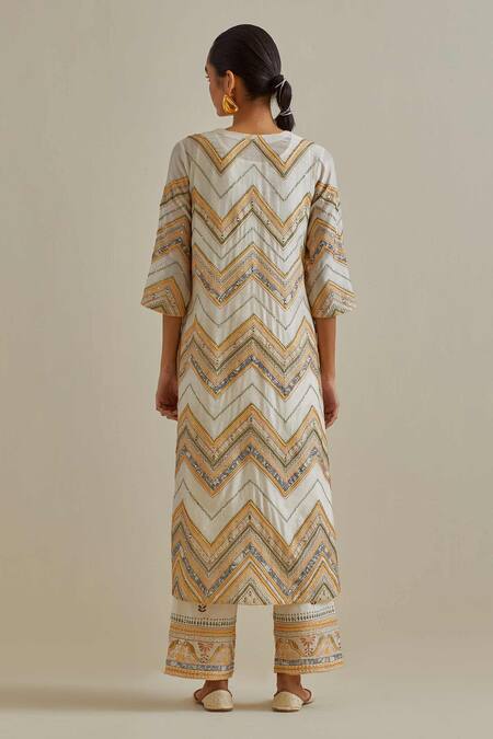 Shop Kora Yellow Cotton, Chanderi Mirrors, Patchwork Embroidered Straight Kurta Set at Aza Fashions Shop_Kora_Yellow Cotton, Chanderi Mirrors, Patchwork Embroidered Straight Kurta Set _at_Aza_Fashions