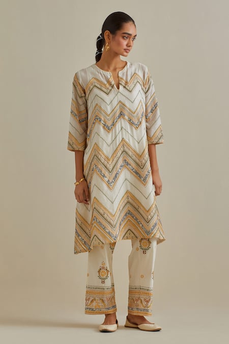 Kora Yellow Cotton, Chanderi Sequins, Embroidered A-line Kurta Set With Dupatta Online at Aza Fashions Kora_Yellow Cotton, Chanderi Sequins, Embroidered A-line Kurta Set With Dupatta _Online_at_Aza_Fashions