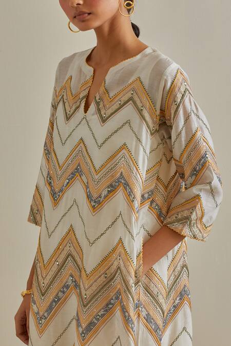 Shop Kora Yellow Cotton, Chanderi Sequins, Embroidered A-line Kurta Set With Dupatta Online at Aza Fashions Shop_Kora_Yellow Cotton, Chanderi Sequins, Embroidered A-line Kurta Set With Dupatta _Online_at_Aza_Fashions