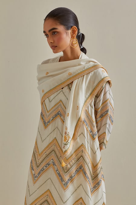 Kora Yellow Cotton, Chanderi Sequins, Embroidered A-line Kurta Set With Dupatta at Aza Fashions Kora_Yellow Cotton, Chanderi Sequins, Embroidered A-line Kurta Set With Dupatta _at_Aza_Fashions