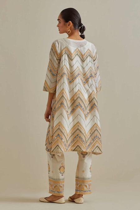 Shop Kora Yellow Cotton, Chanderi Sequins, Embroidered A-line Kurta Set With Dupatta at Aza Fashions Shop_Kora_Yellow Cotton, Chanderi Sequins, Embroidered A-line Kurta Set With Dupatta _at_Aza_Fashions