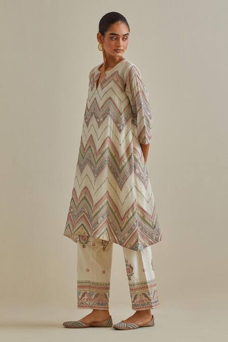 Shop Kora Pink Cotton, Chanderi Tassels, Embroidery, Patchwork A-line Kurta Pant Set Online at Aza Fashions Shop_Kora_Pink Cotton, Chanderi Tassels, Embroidery, Patchwork A-line Kurta Pant Set _Online_at_Aza_Fashions